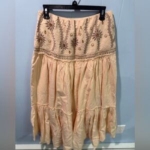 Free People Large Cottagecore Embroidered Floral Beaded Midi Skirt